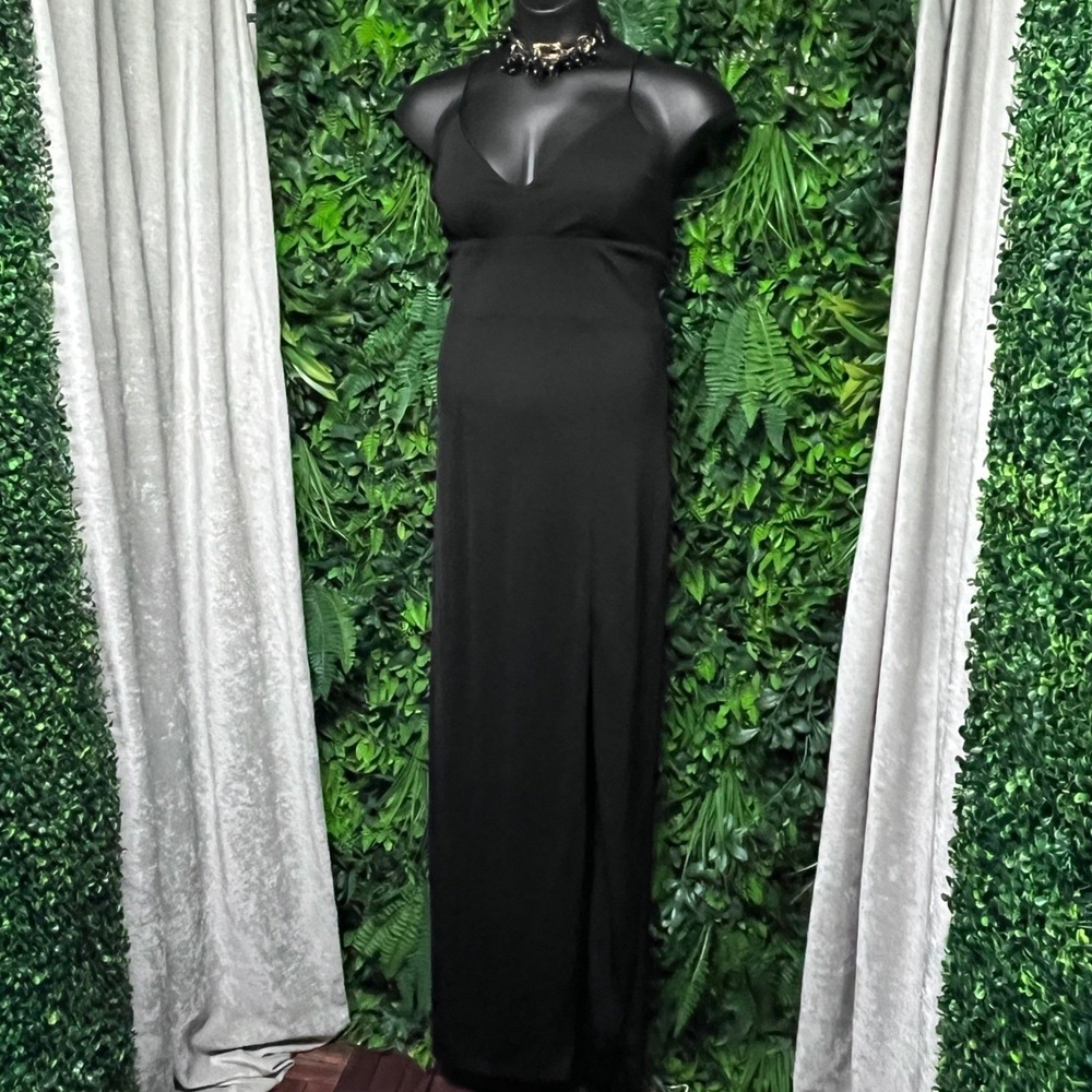 Adrianna Papell Dress 12 Black V-Neck Maxi Front Slit Tie Back  Formal Gown 4201